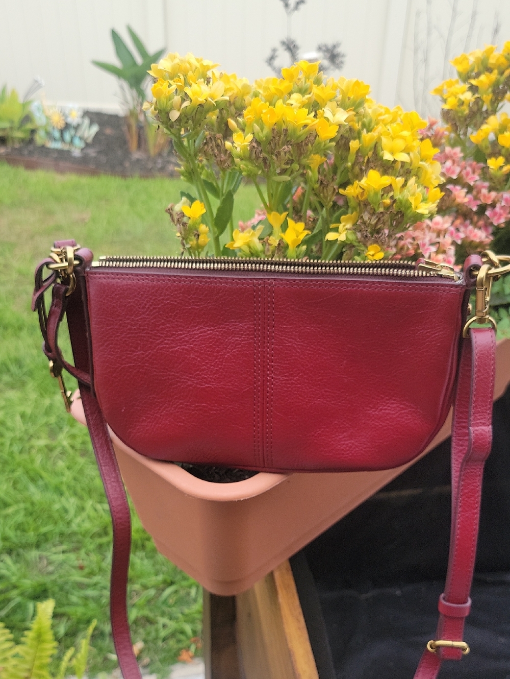 Fossil Red Leather Crossbody with Gold Hardware